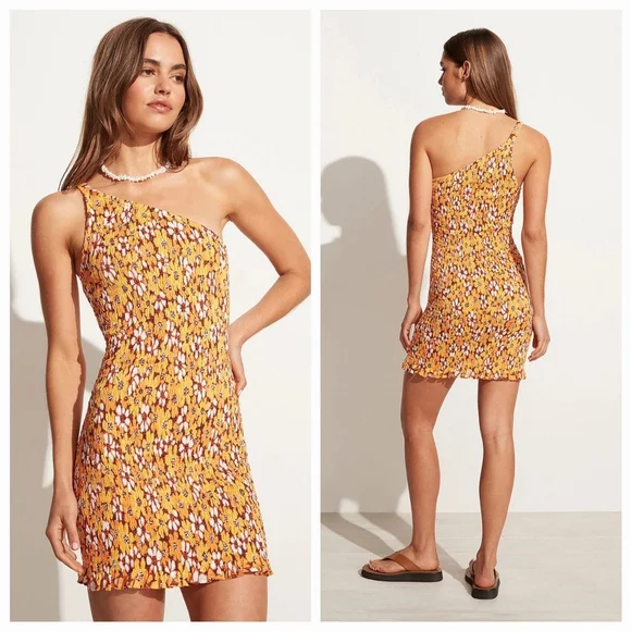 FAITHFULL THE BRAND TERRE MER MINI DRESS in LI RENI FLORAL PRINT ORANGE - Picture 1 of 11